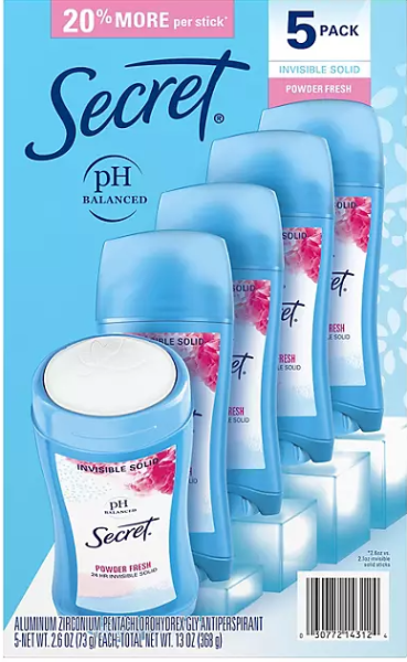 5x SECRET 'Powder Fresh' 20 % More Invisible Solid Deodorant pH-balanced 5x 73 gr=368 gr
